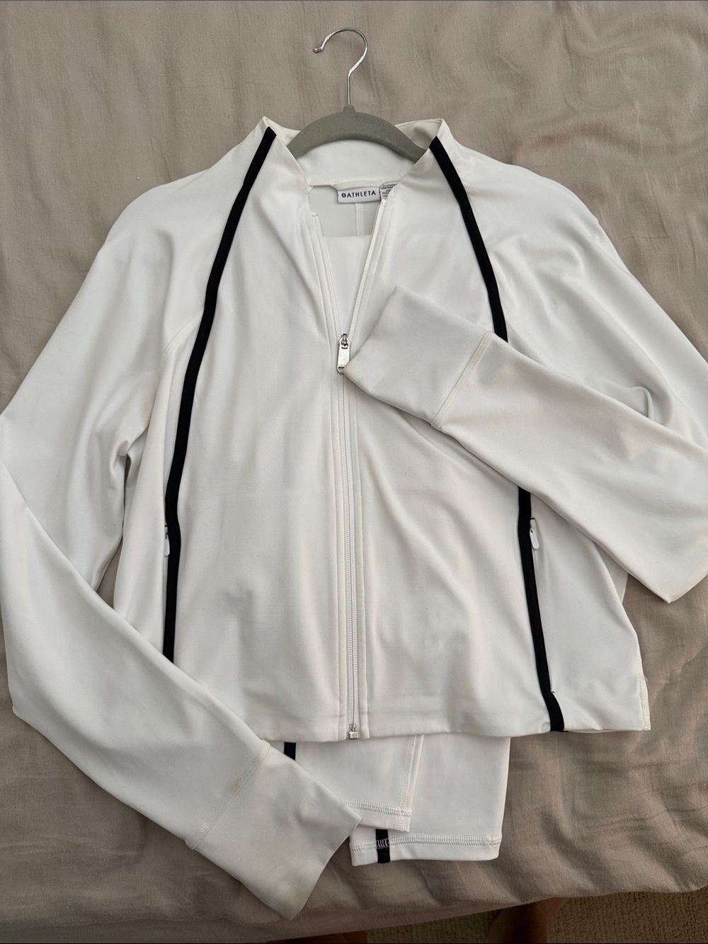Athleta White Athletic Jacket and Legging Set with Black Piping